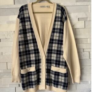 VINTAGE LIZ CLAIBORNE Oversize Wool Plaid Longline V-neck Cardigan Sweater L